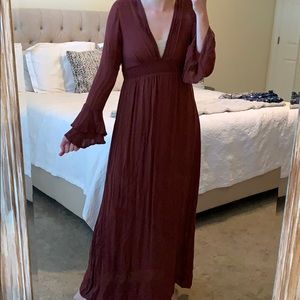 Boho maxi with low V and bell sleeves.